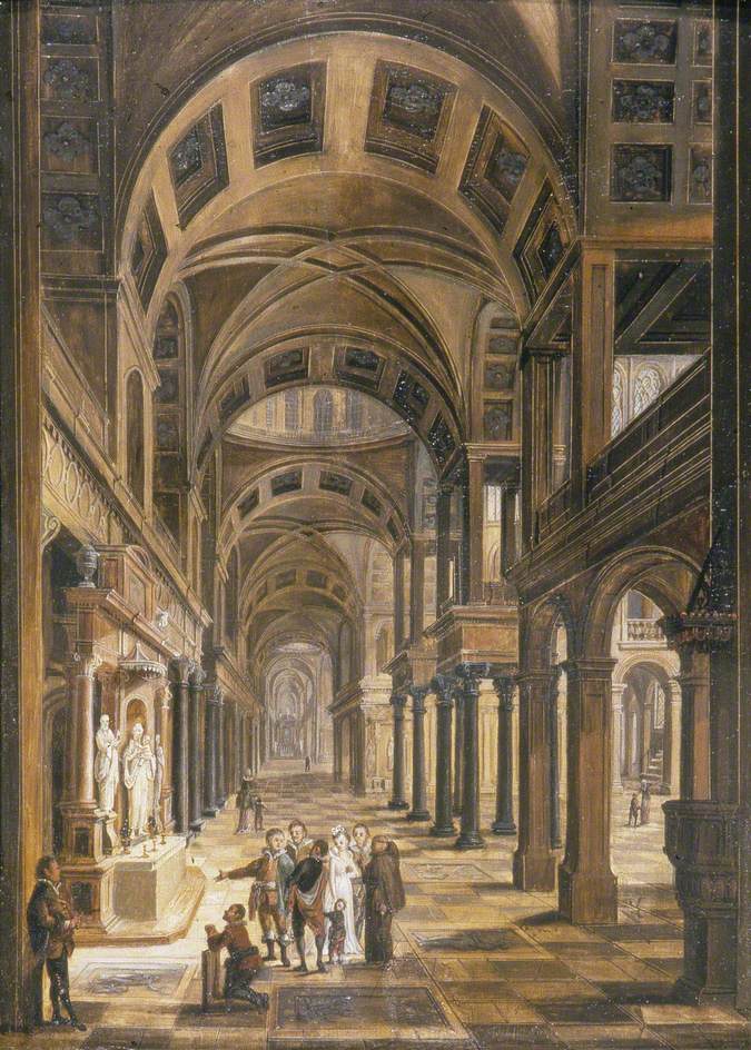 Church Interior with Figures, vintage artwork by Christian Stöcklin, 12x8" (A4) Poster