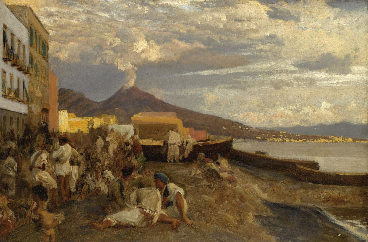 Bay of Naples with Vesuvius Beyond, vintage artwork by Oswald Achenbach, 12x8" (A4) Poster