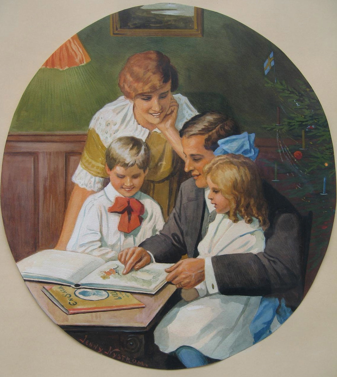 Mother And Father And Two Children At The Table, vintage artwork by Jenny Nyström, 12x8" (A4) Poster