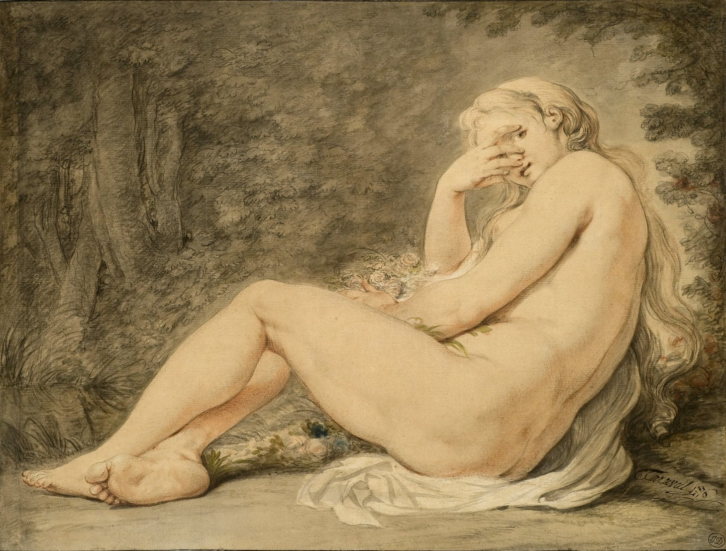 A Young Woman Reclining in a Landscape, vintage artwork by Hugues Taraval, 12x8" (A4) Poster
