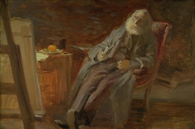 The Painter Vilhelm Kyhn smoking his pipe, vintage artwork by Anna Ancher, 12x8" (A4) Poster