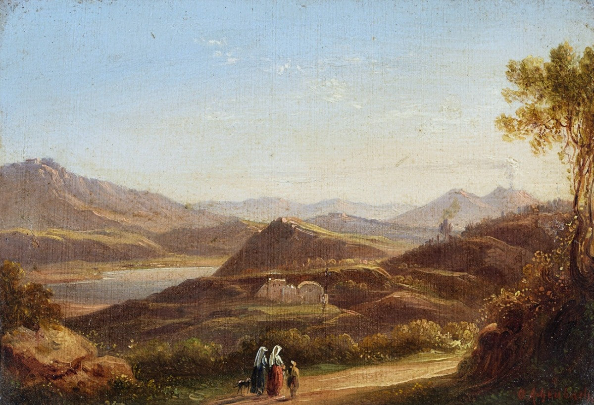 Lago die Agnano at Naples with View to the Vesuvius, vintage artwork by Oswald Achenbach, 12x8" (A4) Poster