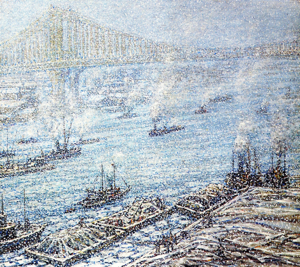 East River, New York, Winter, vintage artwork by Frederick Usher De Voll, 12x8" (A4) Poster