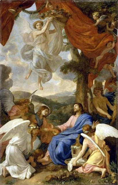 Christ in the Desert, Served by Angels, vintage artwork by Charles Le Brun, 12x8" (A4) Poster