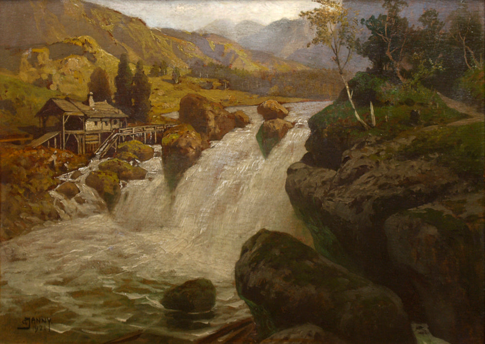 Mill at a River, vintage artwork by Georg Janny, 12x8" (A4) Poster