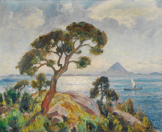Coastal Landscape with Sailing Boat, vintage artwork by Thorolf Holmboe, 12x8" (A4) Poster