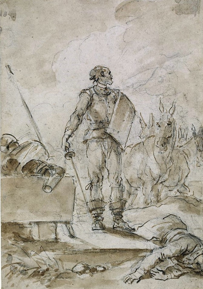 Don Quixote standing over a carrier, vintage artwork by Jean-Honore Fragonard, 12x8" (A4) Poster