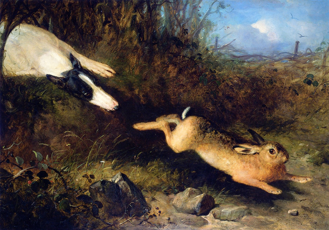 A Greyhound in Pursuit of a Hare, vintage artwork by Thomas Woodward, A3 (16x12") Poster Print