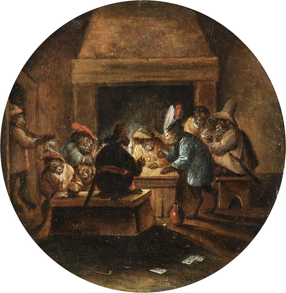 Monkeys Playing Cards, Smoking and Drinking, vintage artwork by Abraham Teniers, 12x8" (A4) Poster
