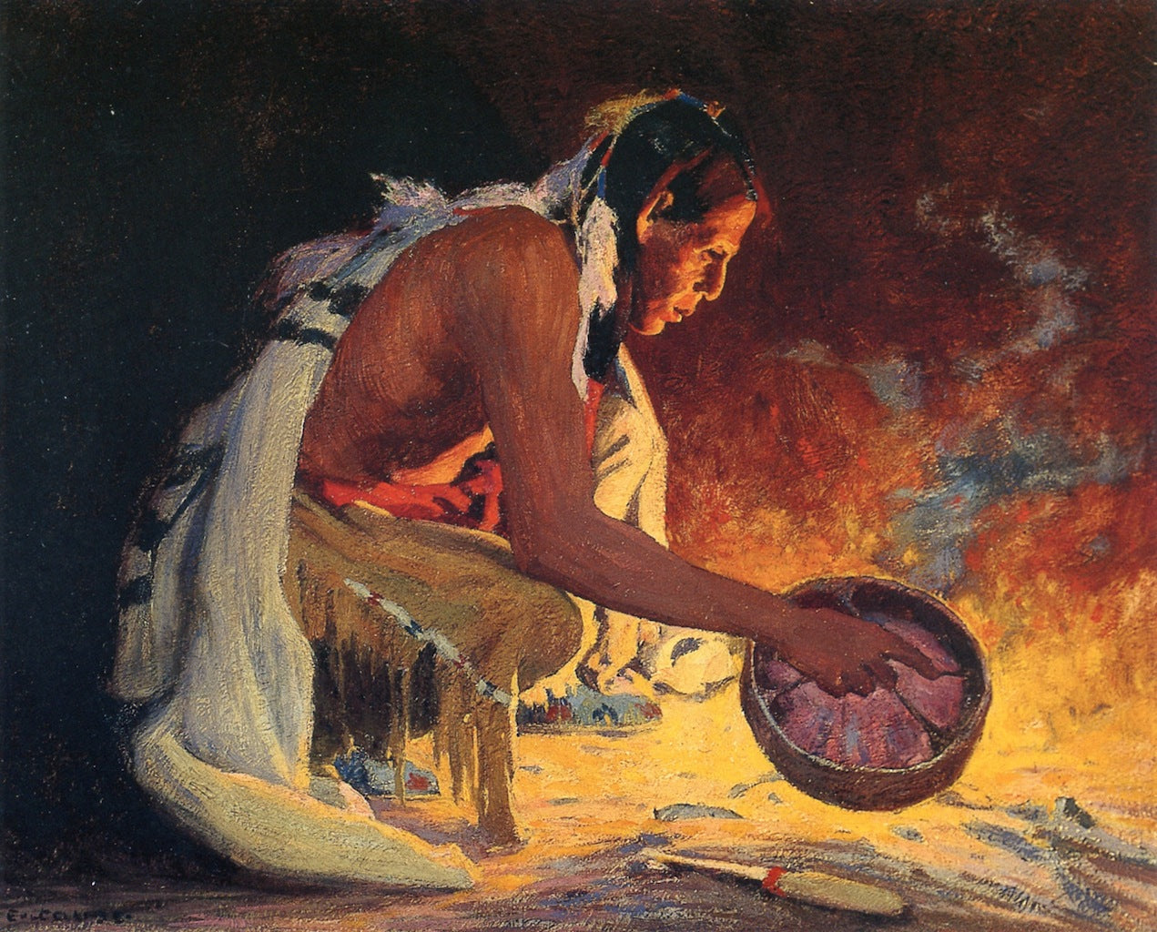 Indian by Firelight, vintage artwork by Eanger Irving Couse, 12x8" (A4) Poster