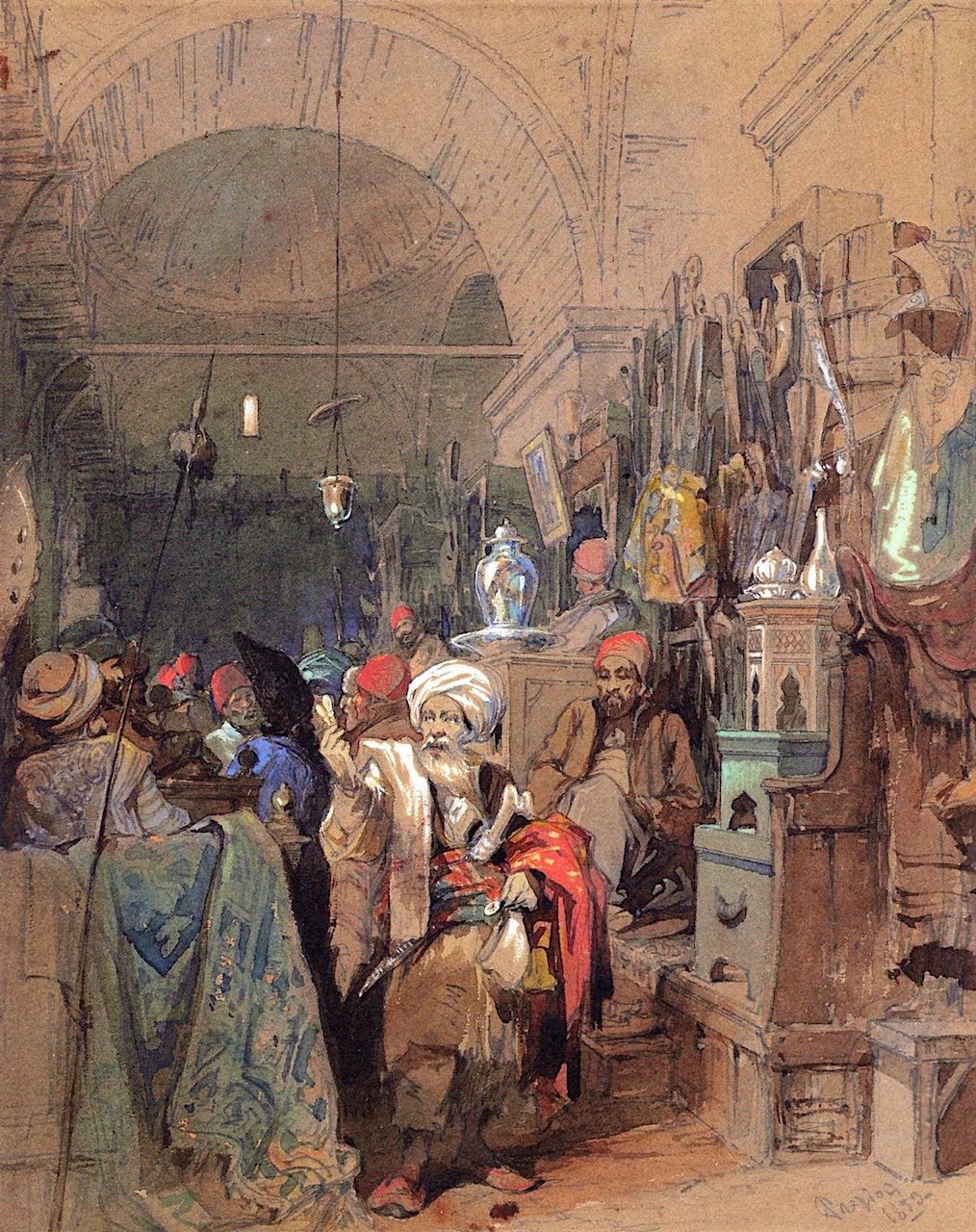 Vendors in the Covered Bazaar, Constantinople, vintage artwork by Count Amadeo Preziosi, A3 (16x12") Poster Print