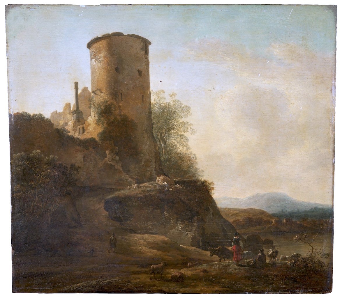 Italian Mountain Landscape with Castle Ruins, Animals and Figures, vintage artwork by Adam Pynacker, 12x8" (A4) Poster