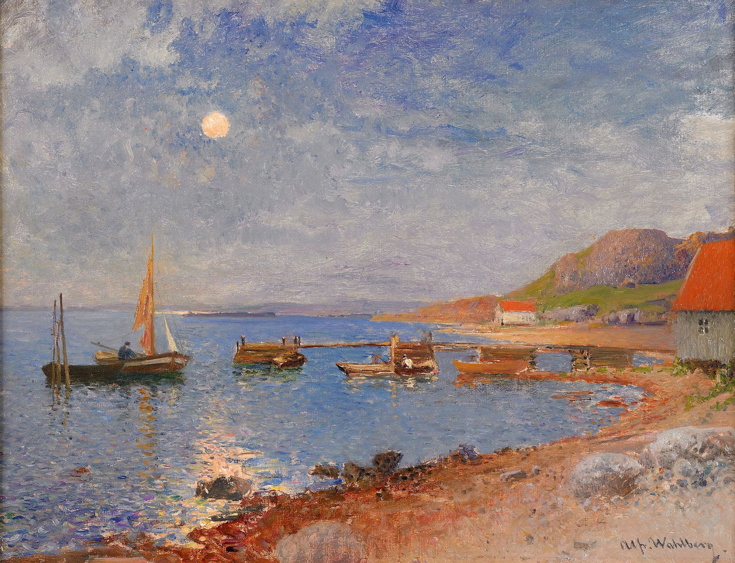 Beach Landsape in the Moonlight, vintage artwork by Alfred Wahlberg, 12x8" (A4) Poster