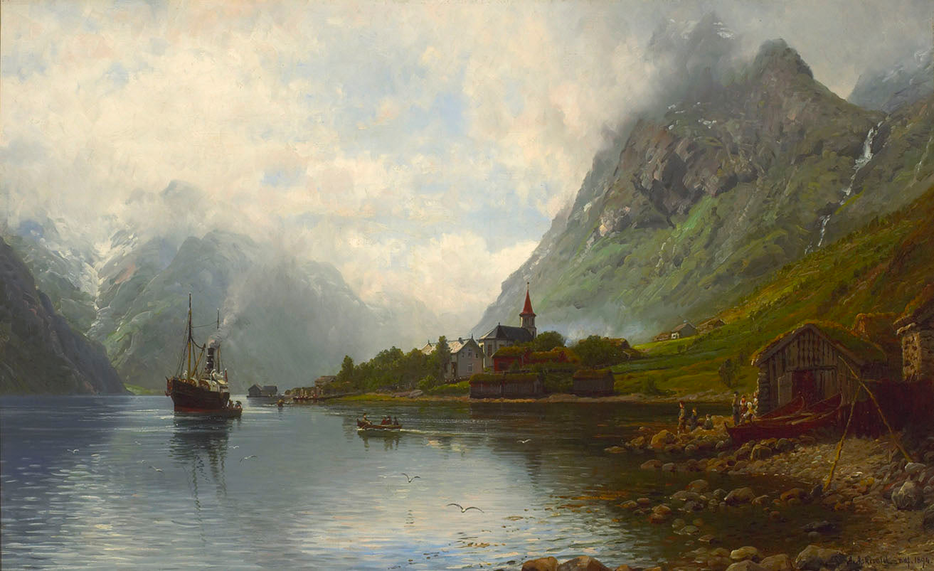 The steamer in Nærøyfjord, vintage artwork by Anders Monsen Askevold, 12x8" (A4) Poster