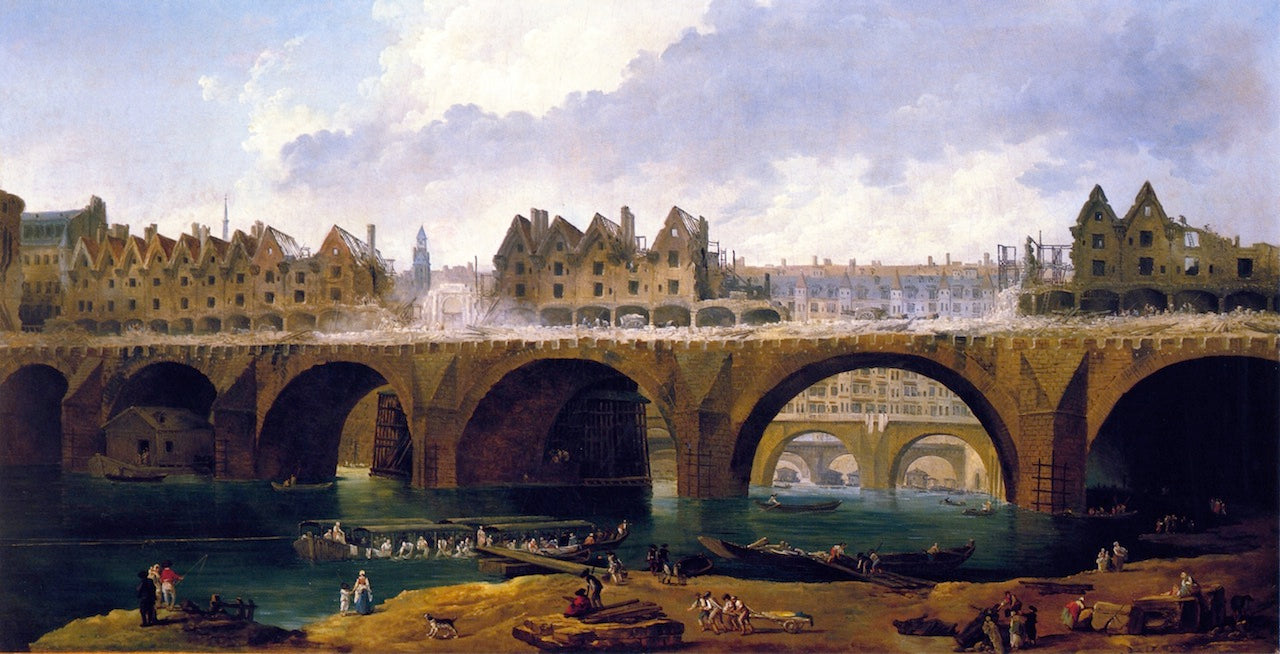 Demolishing the Buildings on the Pont Notre-Dame in Paris, 1786, vintage artwork by Hubert Robert, 12x8" (A4) Poster