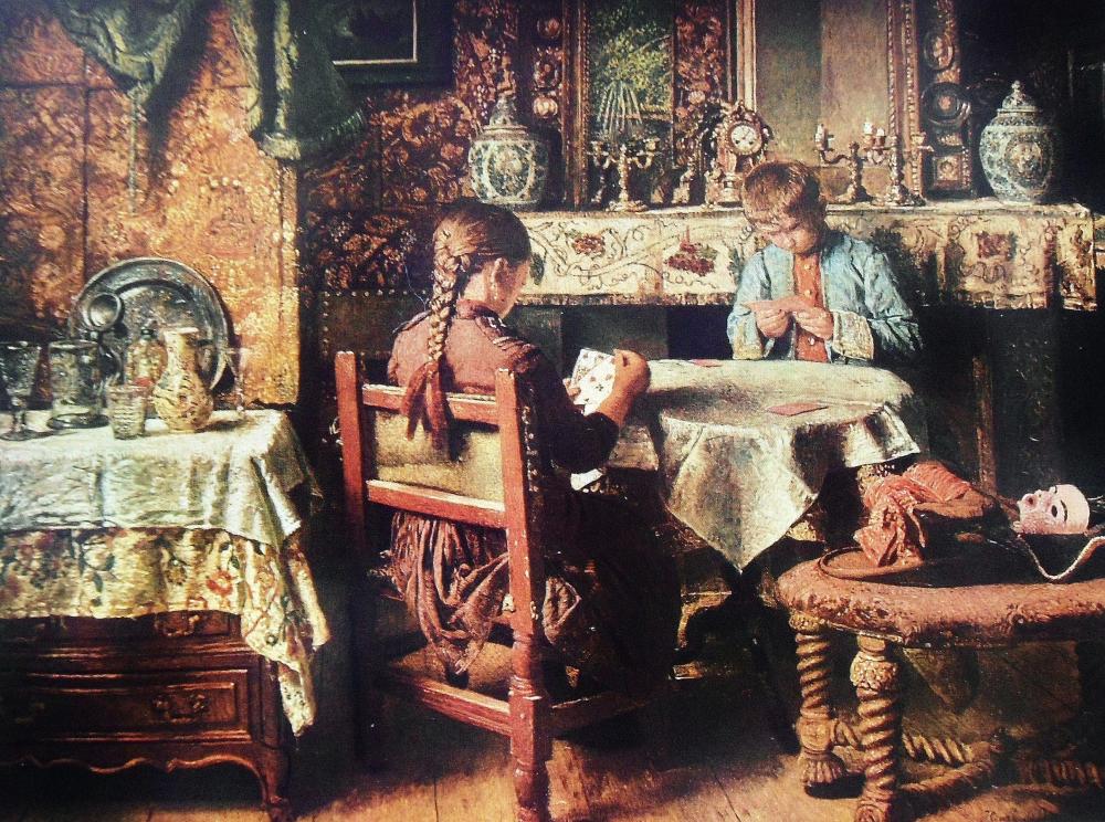 Children playing cards, vintage artwork by Henri de Braekeleer, 12x8" (A4) Poster