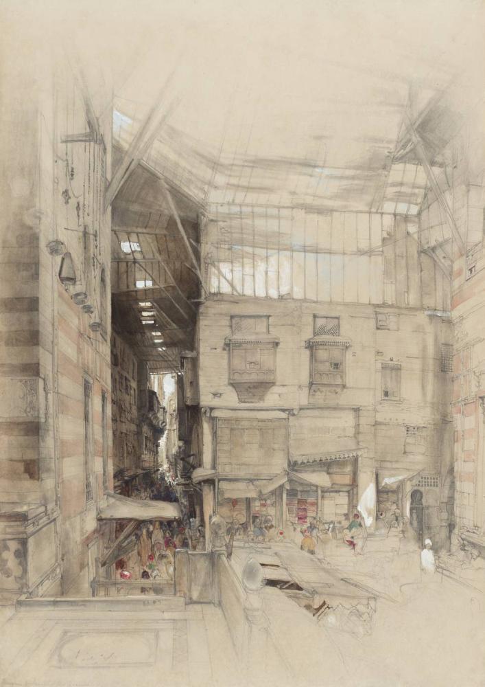 The Bazaar of the Ghûriyah from the Steps of the Mosque of El-Ghûri, Cairo, vintage artwork by John Frederick Lewis, RA, A3 (16x12") Poster Print