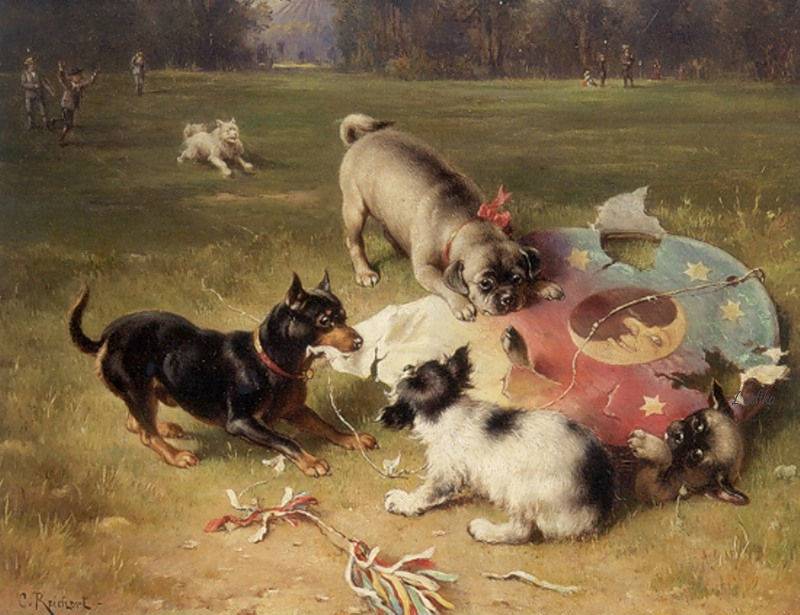 Fighting With the Kite - Manchester Terrier, Pug and King Charles Spaniel, vintage artwork by Carl Reichert, 12x8" (A4) Poster