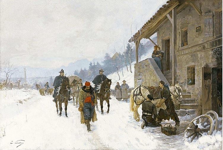 Winter Landscape with Jugglers, Dancing Bears and Gendarmes, vintage artwork by Edouard Castres, 12x8" (A4) Poster