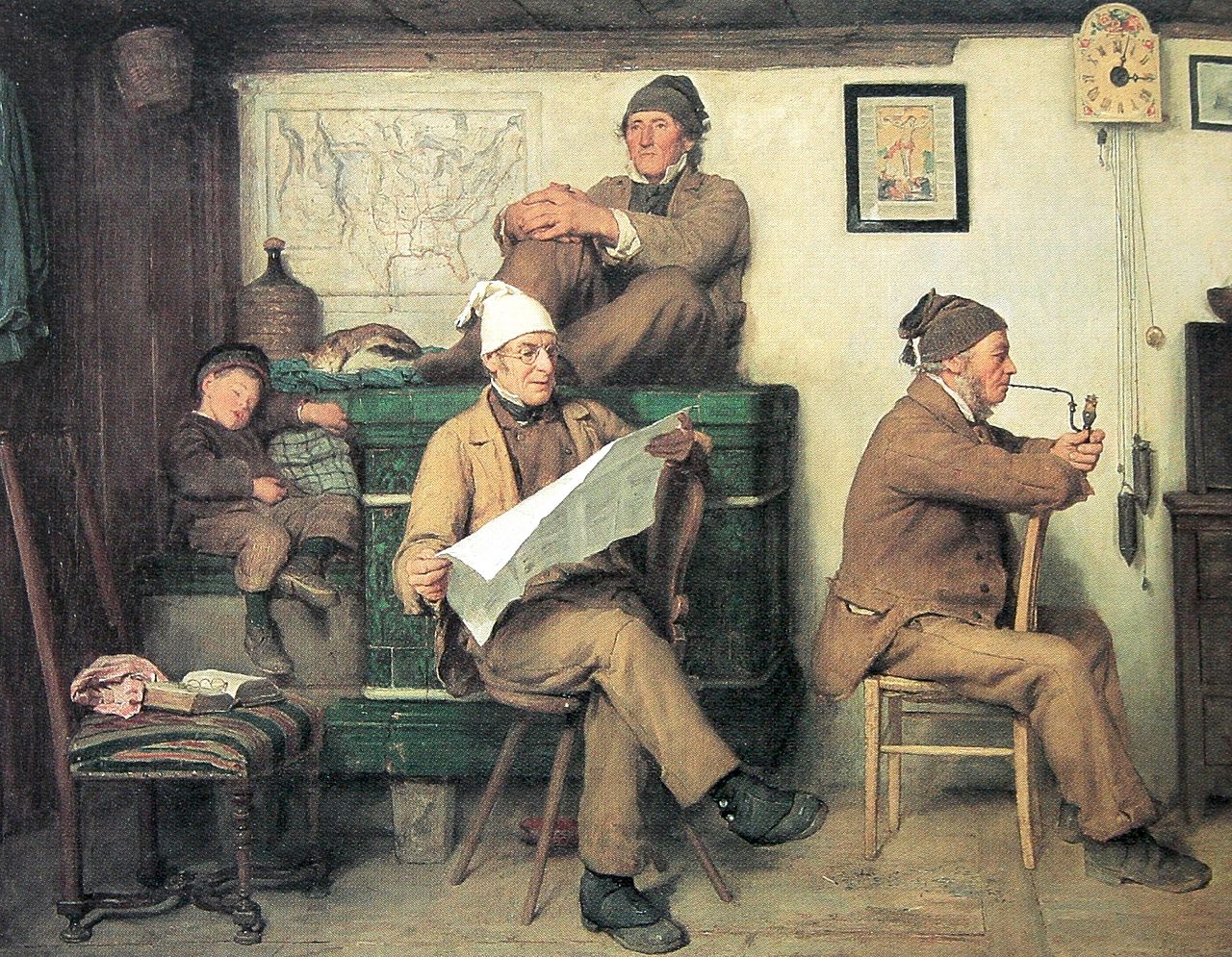 The Farmers and the Newspaper, vintage artwork by Albert Anker, 12x8" (A4) Poster