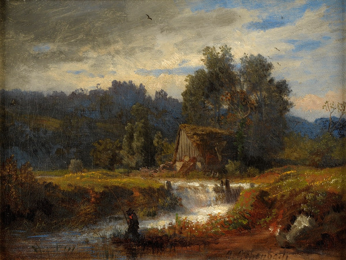 Norwegian Landscape with Angler, vintage artwork by Andreas Achenbach, A3 (16x12") Poster Print