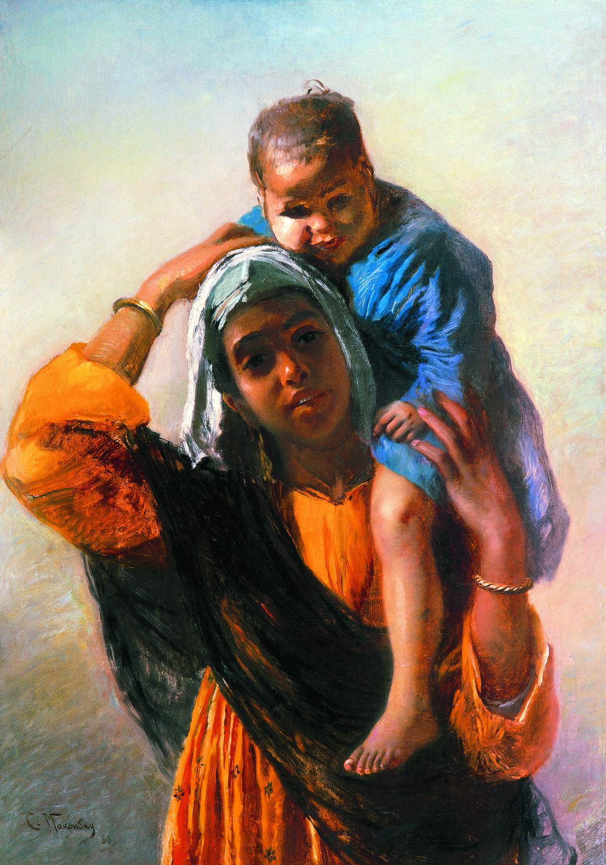 Arab Woman with a Child, vintage artwork by Konstantin Yegorovich Makovsky, 12x8" (A4) Poster