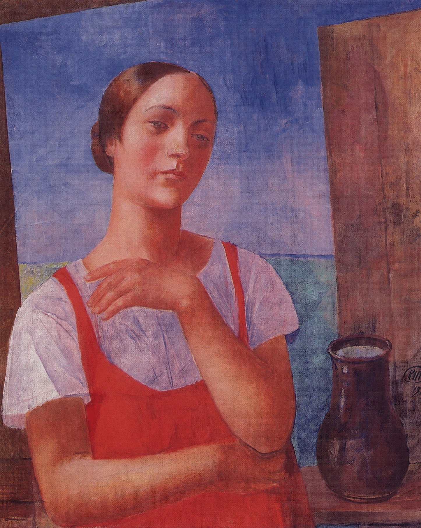Girl in Red Dress, vintage artwork by Kuzma Petrov-Vodkin, 12x8" (A4) Poster