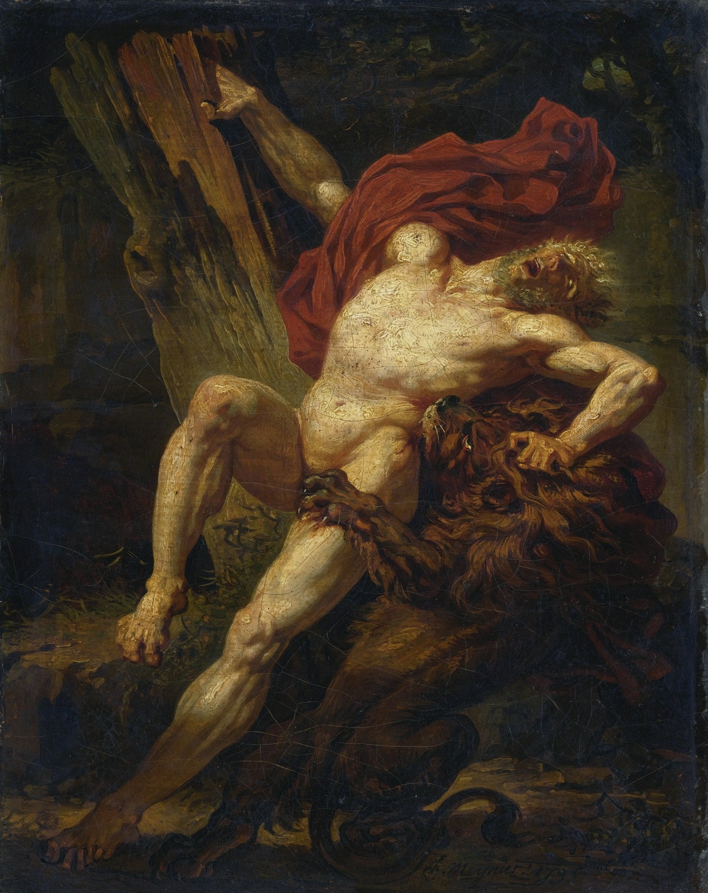 Milo of Croton Attacked by a Lion (study), vintage artwork by Charles Meynier, 12x8" (A4) Poster