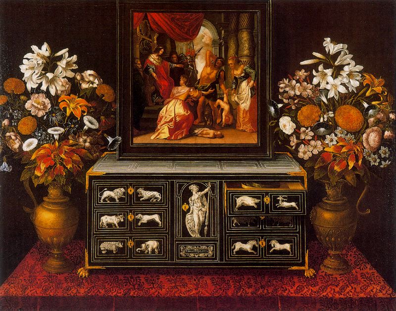 Still life with ebony desk and vases, vintage artwork by Tomàs Yepes, 12x8" (A4) Poster