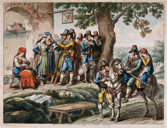 Men and women in local costume drink outside an Italian country inn, vintage artwork by Bartolomeo Pinelli, 12x8" (A4) Poster