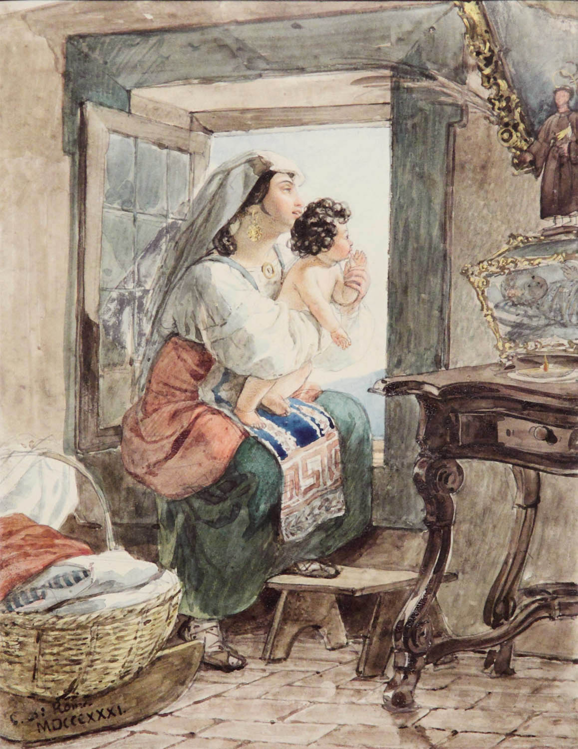 Italian Woman with a Child by a Window, vintage artwork by Karl Pavlovich Brulloff, A3 (16x12") Poster Print