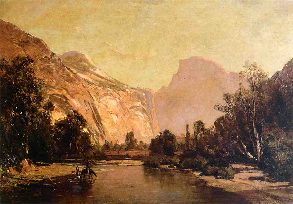 Piute Indians, Royal Arches and Domes, Yosemite Valley, vintage artwork by Thomas Hill, 12x8" (A4) Poster