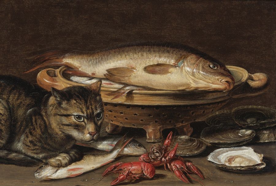 A still life with fish in a ceramic Collander, oysters, langoustines, mackerel and cat on the ledge, vintage artwork by Clara Peeters, 12x8" (A4) Poster