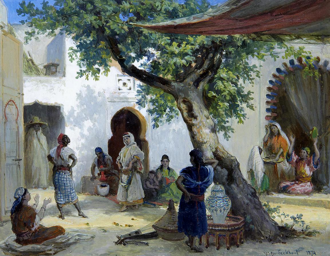Dancers in a Courtyard, vintage artwork by Victor Eeckhout, A3 (16x12") Poster Print