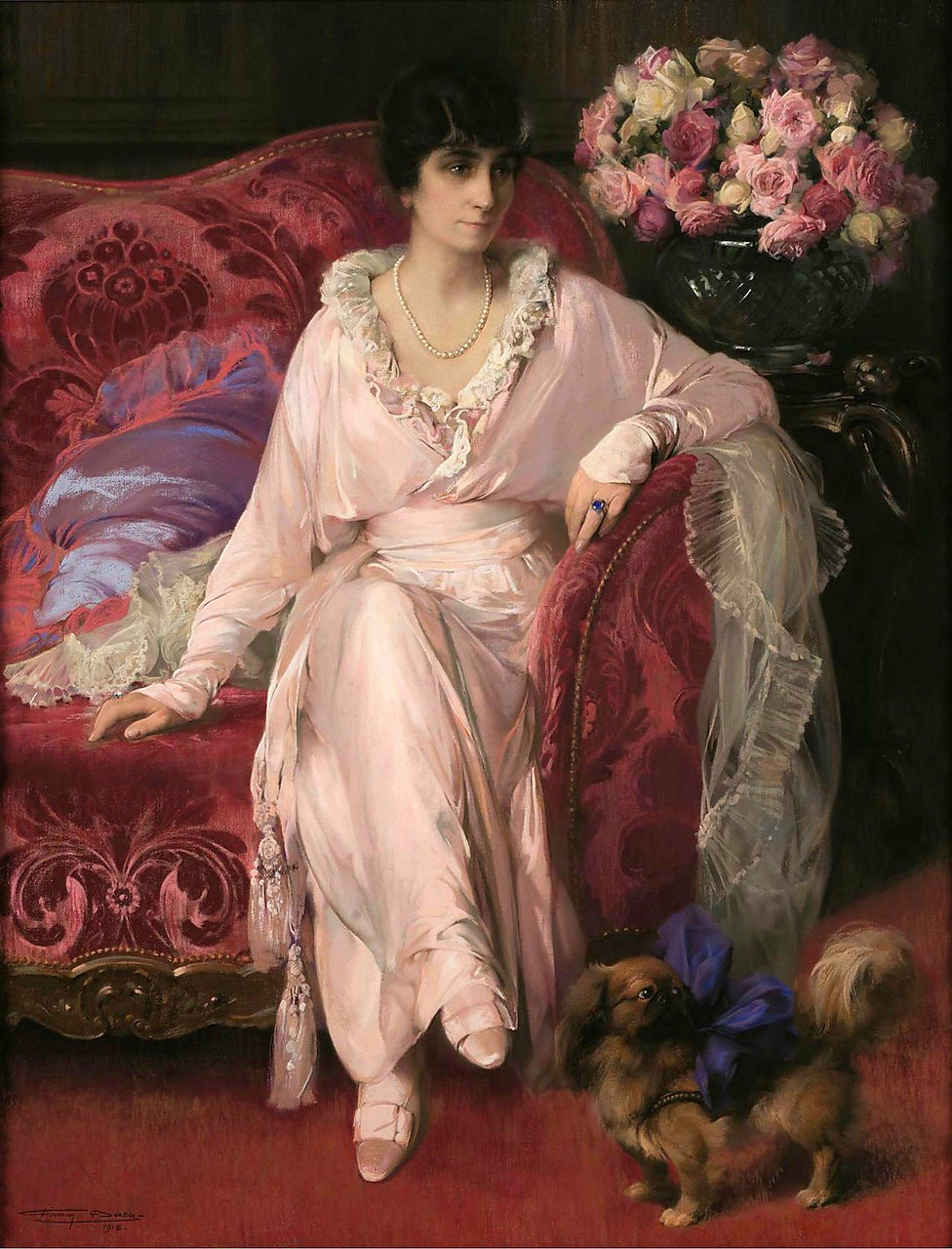 Lady with a pekingese dog by Firmin Baes,16x12(A3) Poster