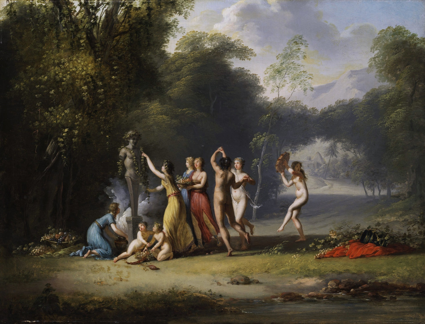 Nymphs Dancing around the Bust of a God, vintage artwork by Jacques-Antoine Vallin, 12x8" (A4) Poster