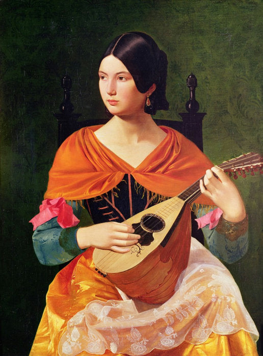 Woman with mandolin, vintage artwork by Vjekoslav Karas, A3 (16x12") Poster Print