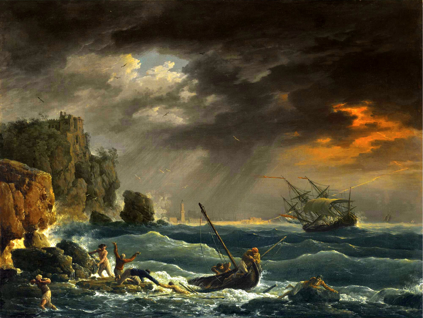 A Mediterranean Coastal Scene with a Shipwreck, vintage artwork by Claude-Joseph Vernet, 12x8" (A4) Poster