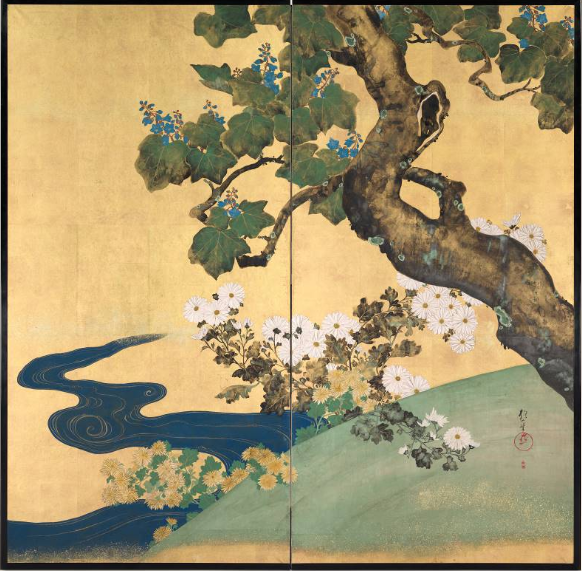 Paulownias and Chrysanthemums, vintage artwork by Sakai Hōitsu, 12x8" (A4) Poster