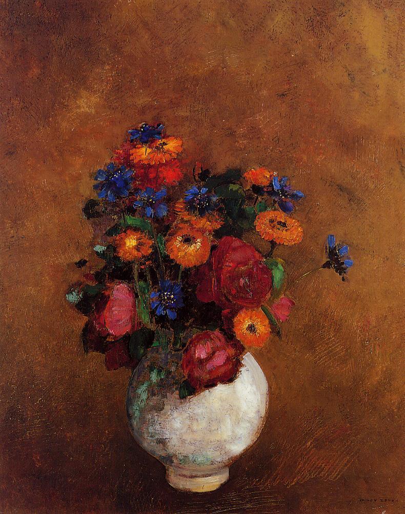 Bouquet of Flowers in a White Vase, vintage artwork by Odilon Redon, 12x8" (A4) Poster