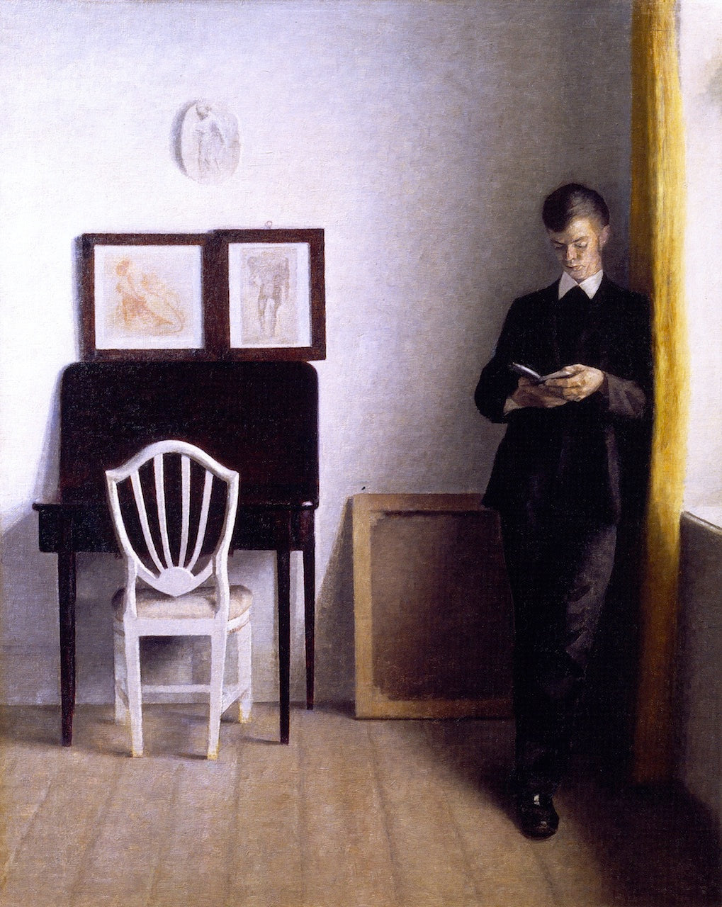 Interior with a Young Man Reading, vintage artwork by Vilhelm Hammershøi, 12x8" (A4) Poster