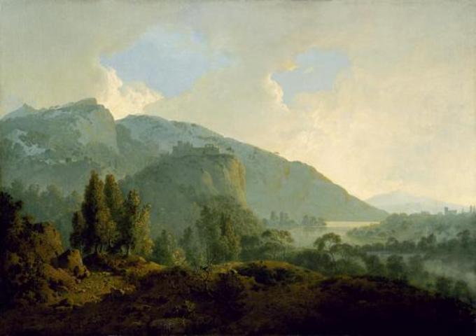 Italian Landscape with Mountains and a River, vintage artwork by Joseph Wright of Derby , 12x8" (A4) Poster