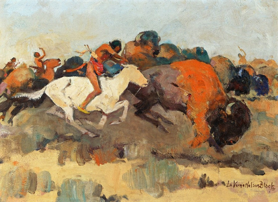Buffalo Hunt, vintage artwork by Laverne Nelson Black, 12x8" (A4) Poster