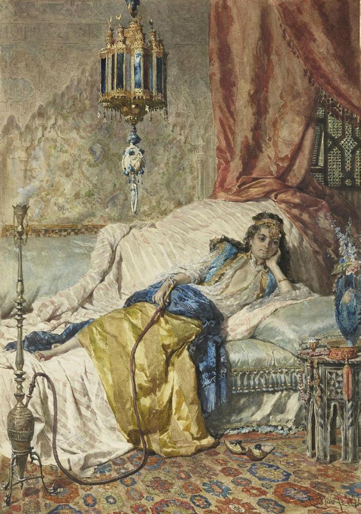 La fumeuse de narguile, vintage artwork by Cesare Biseo, 12x8" (A4) Poster