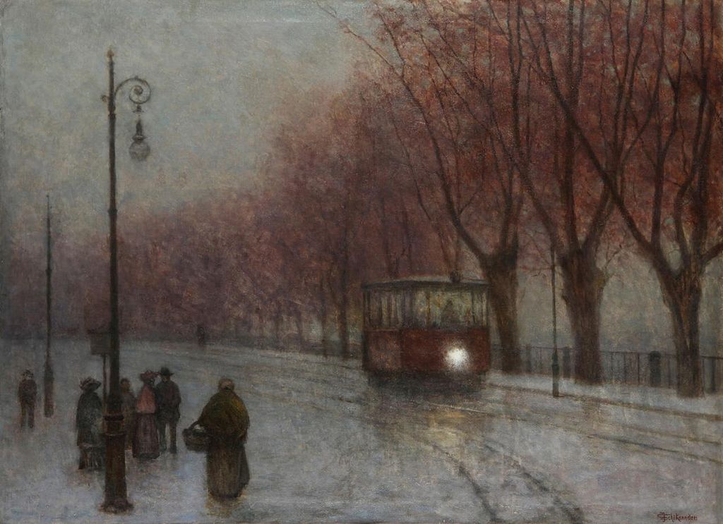 River Bank with Tram, vintage artwork by Jakub Schikaneder, 12x8" (A4) Poster