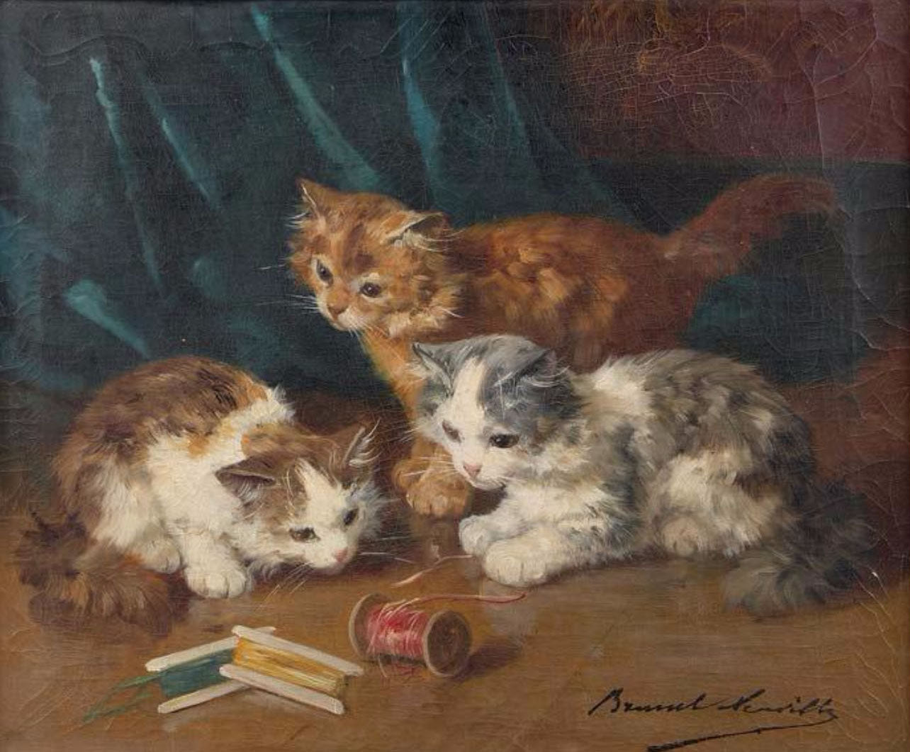 trois chatons jouant avec une bobine fil, vintage artwork by Alfred Brunel de Neuville, 12x8" (A4) Poster