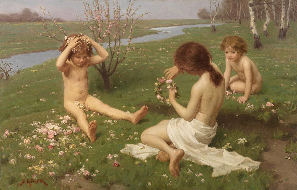 Children on a meadow in blossom by Simon Glucklich,A3(16x12")Poster