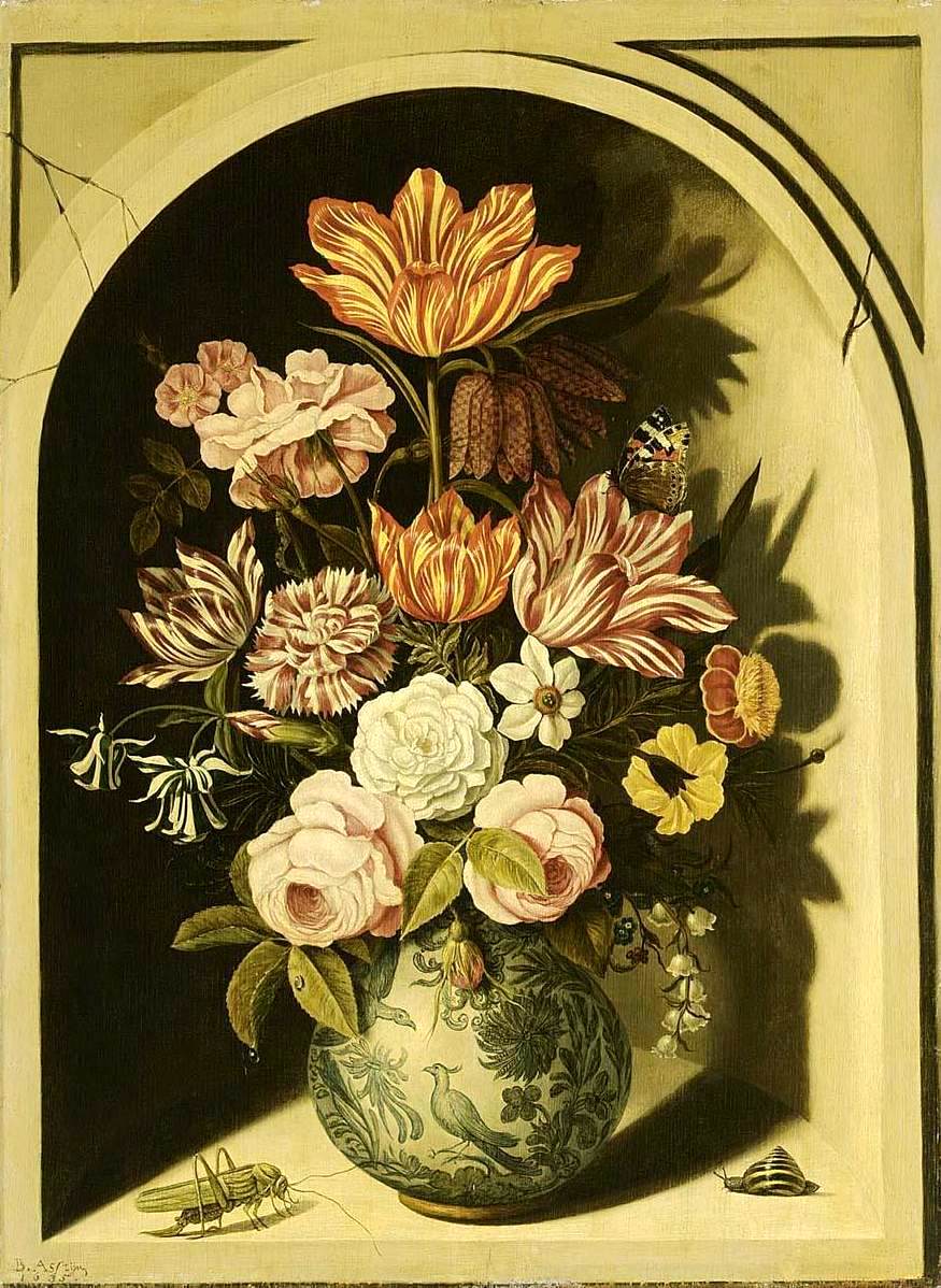 A still life with roses, tulips, carnations, lily-of-the-valley, marigolds, etc., vintage artwork by Bartholomeus Assteyn, 12x8" (A4) Poster