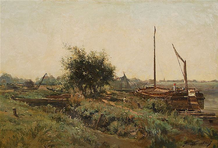 Repairing Barges at Termonde, vintage artwork by Frans (Baron) Courtens, 12x8" (A4) Poster