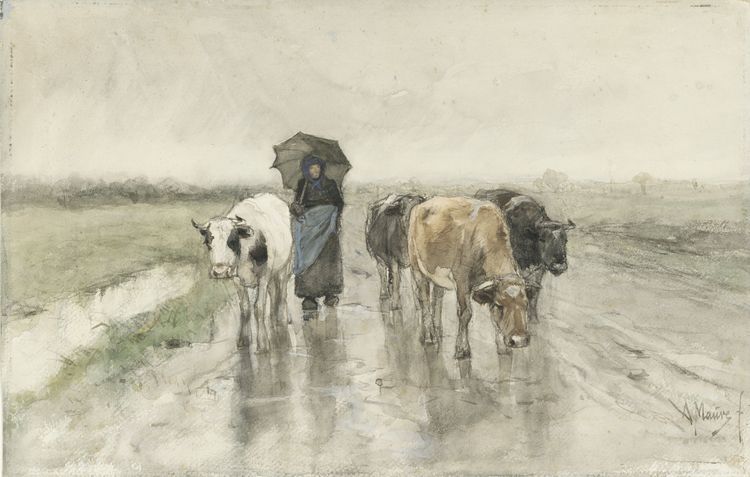 A Herdess with Cows on a Country Road in the Rain, vintage artwork by Anton Mauve, 12x8" (A4) Poster